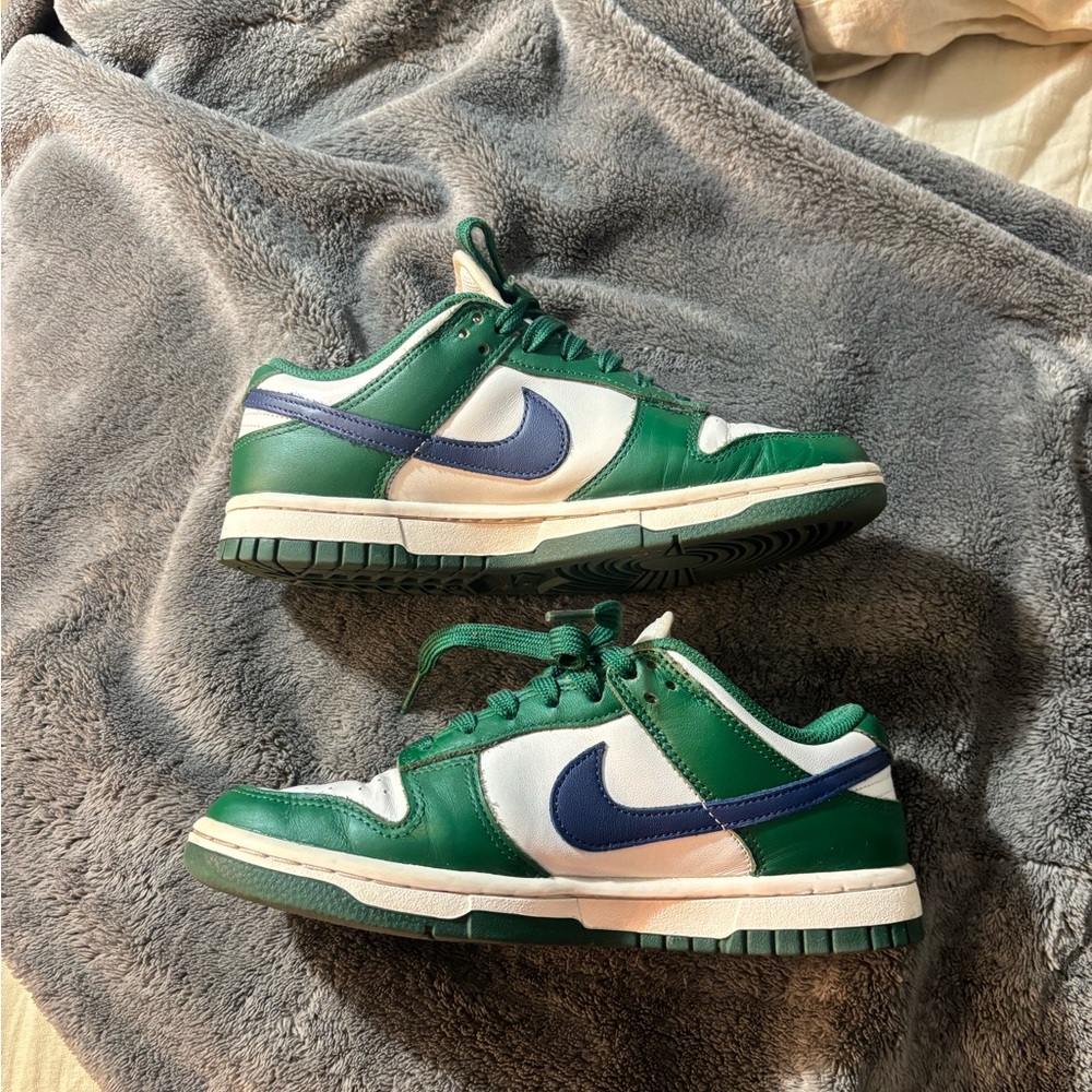 Nike Green and White Kids Sneakers with Blue Swoosh